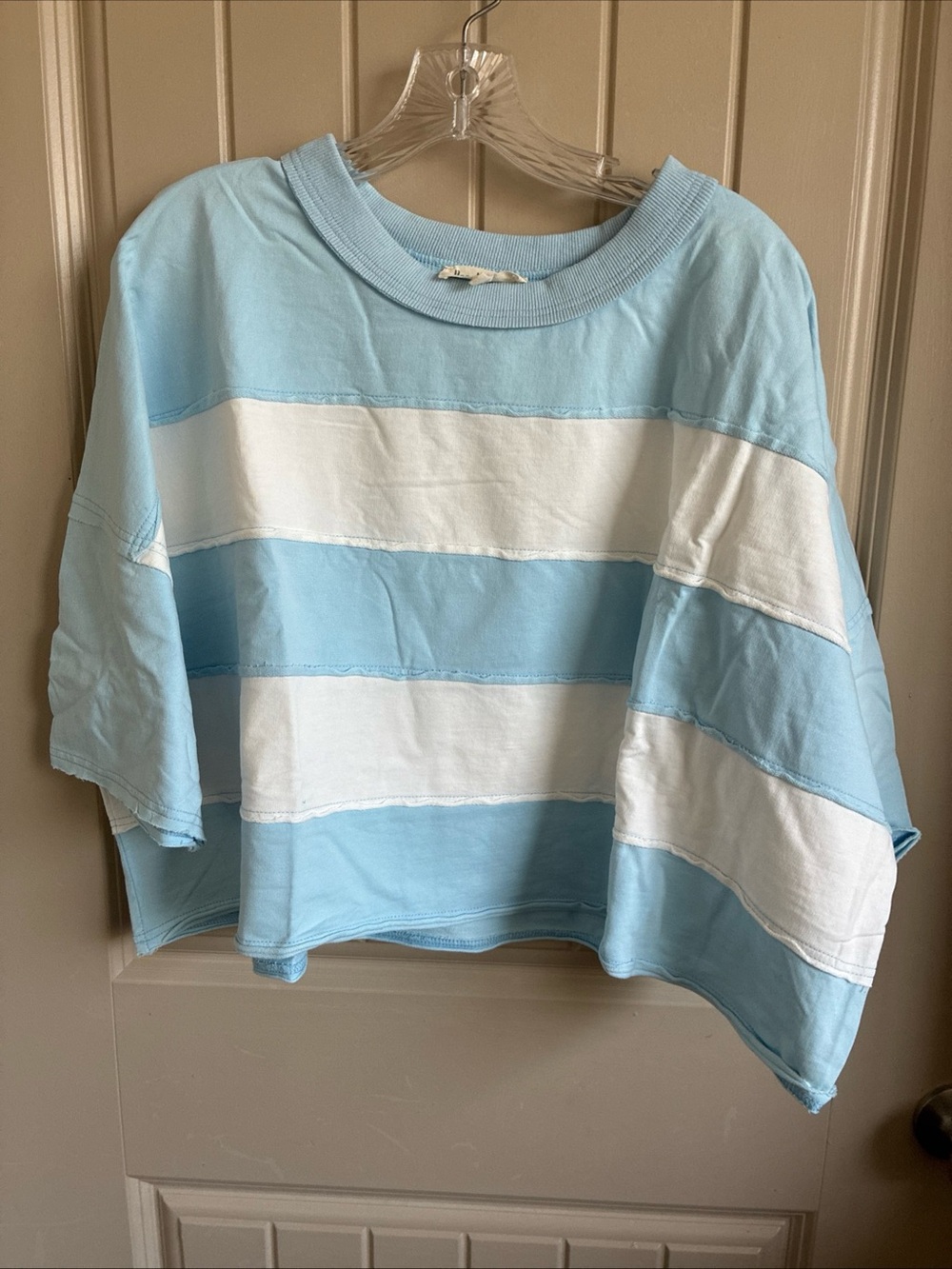 Peach Love California Light Blue & White Striped Crop Tee